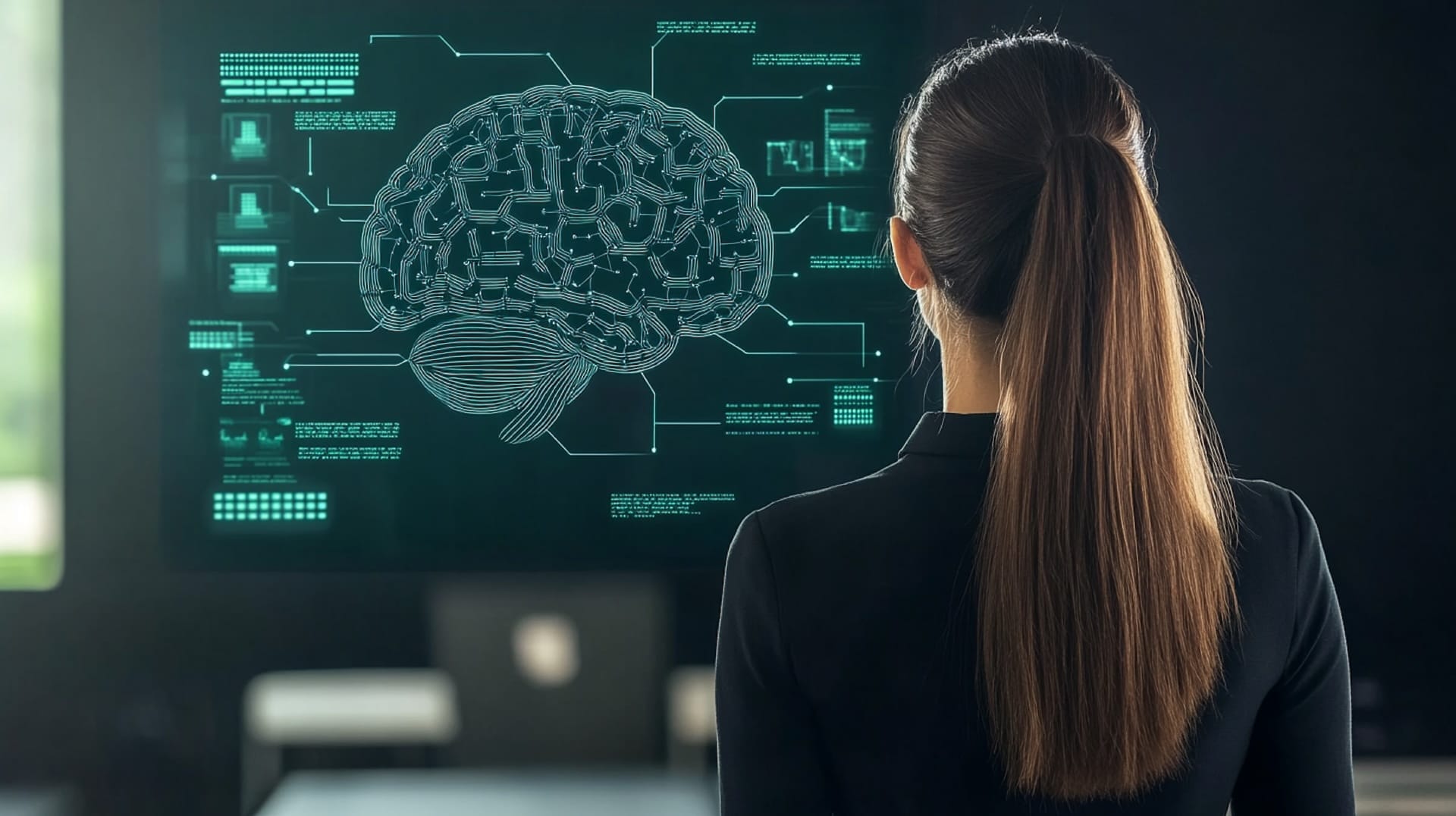 a woman looking at a hight tech schematic of a brain.