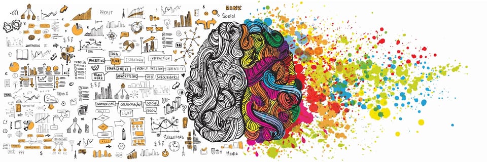 exploding brain illustration - right hand many colours, left hand labels and diagrams.