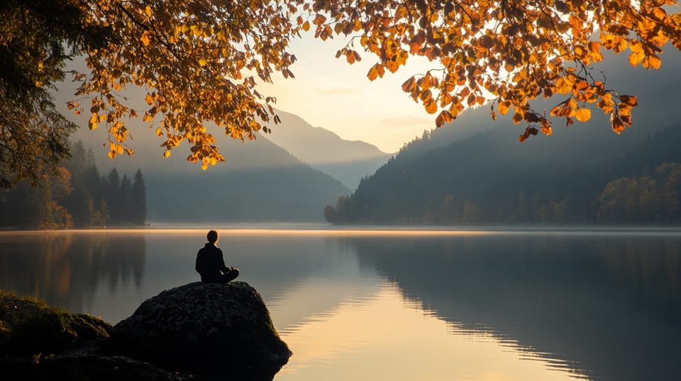 a person sitting by a lake meditating early evening in the autumn